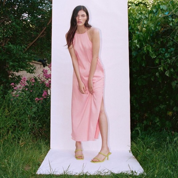 Zara Dresses & Skirts - BNWT Zara pink silky halter neck dress with buttons and slit detail. Size L